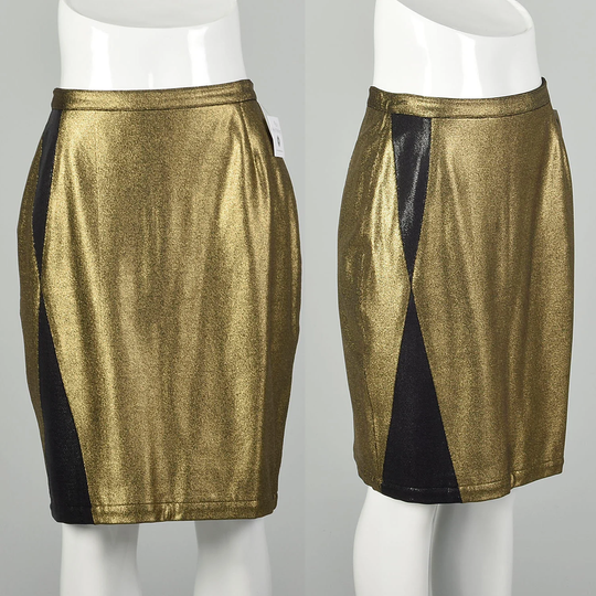 Medium 1990S Gianni Versace Metallic Gold Pencil Skirt Black Embellishments