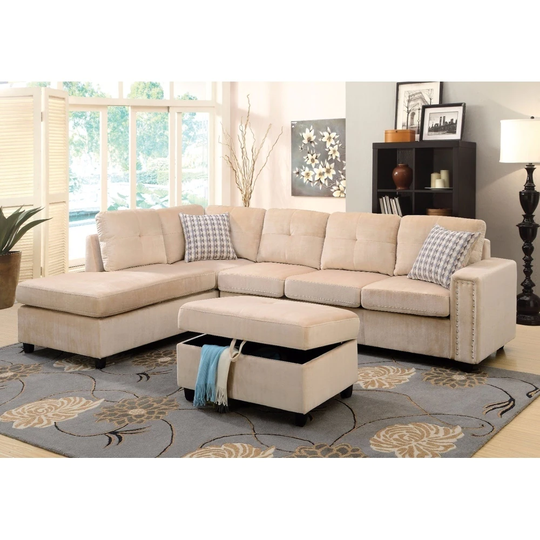 Sophisticated Sectional Sofa with Pillows (Reversible), Beige Velvet