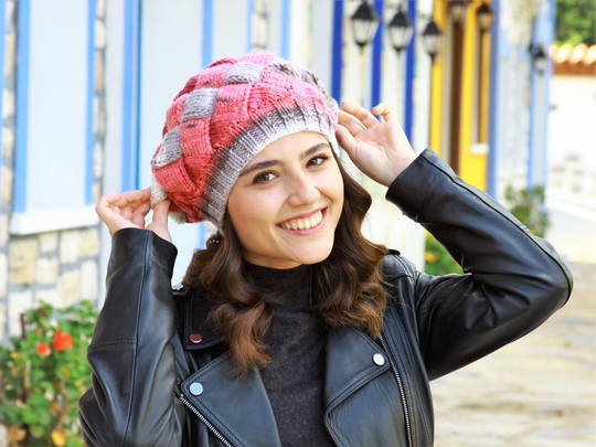 Winter Slouchy Beanie Women, Colorful Hand Knit Slouch Hat, Multi Color Entrelac Fashion Handmade