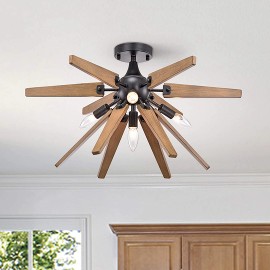 Bernice 4-Light Antique Black Finish Sputnik Natural Wood Flush Mount