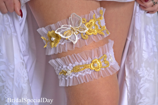 Yellow Wedding Garter White Set, Lace Set Garter, Tulle Bridal Vintage Garters, Rustic Retro Toss