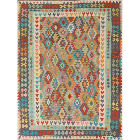 Geometric Kilim Multi-Color Area Rug Hand-woven Wool Carpet - 8'2"x 9'9"