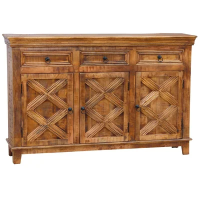 60 Inch Rustic X Hand Carved 3 Door Sideboard Buffet With 3 Drawers