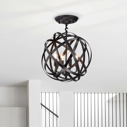 Benita Antique Black 4-Light Metal Globe Semi Flush Mount Chandelier