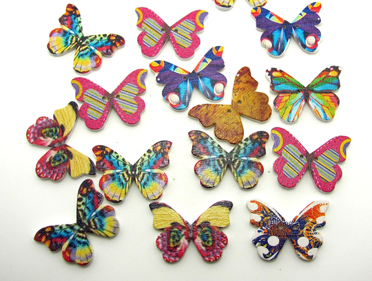 36 Wooden Butterfly Buttons Mixed Colors Assortment 21x28x3mm
