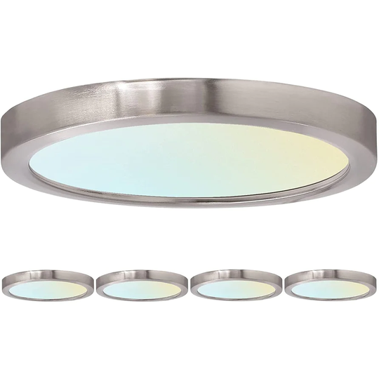 Luxrite 7" LED Flush Mount 15W 3 Color Selectable 900 Lumens Dimmable Round Damp Rated Brushed Nickel Trim 4 Pack