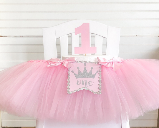 Princess 1st Birthday High Chair Tulle Tutu, Banner, Pink & Silver Glitter