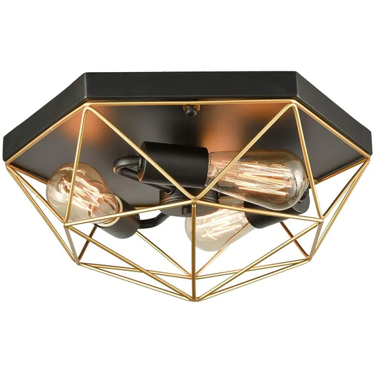 Liguria Modern Brass & Black Metal Frame Caged Flush Mount Ceiling Lights - Black & Brass
