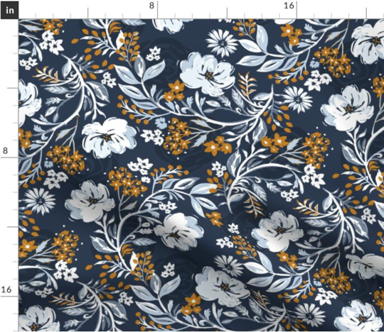 Cosy Navy Floral Fabric By The Yard | White Flowers Florals On Blue Made To Order
