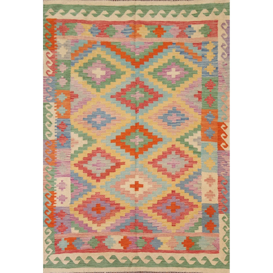 Multi-Color Geometric Kilim Oriental Area Rug Flat-weave Wool Carpet - 5'1"x 6'8"
