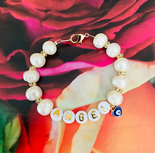 Genuine Freshwater Pearl Baby Bracelet Evil Eye Charm Bling Little Kid Gemstone Gold Rhinestone Accents Real Toddler Jewelry