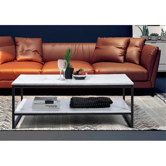43.3 inch Coffee Table With Storage Shelf,Durable, black metal frame.Faux Marble finish table top