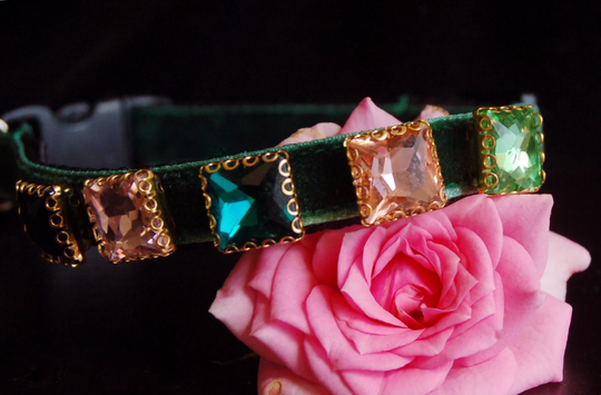 Cute Rhinestone Cat Collar, Dark Green Velvet Small Dog Collar, Kitten Collar.tiny Collar, Tea Cup Collar.cat Gift.puppy Collar