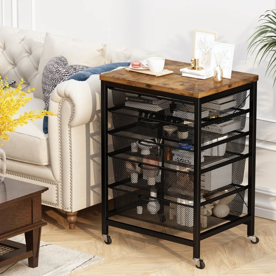 5 Drawers Cart Organizer with Lockable Wheels, Mobile Office Printer Stand, Home Office Utility Cart