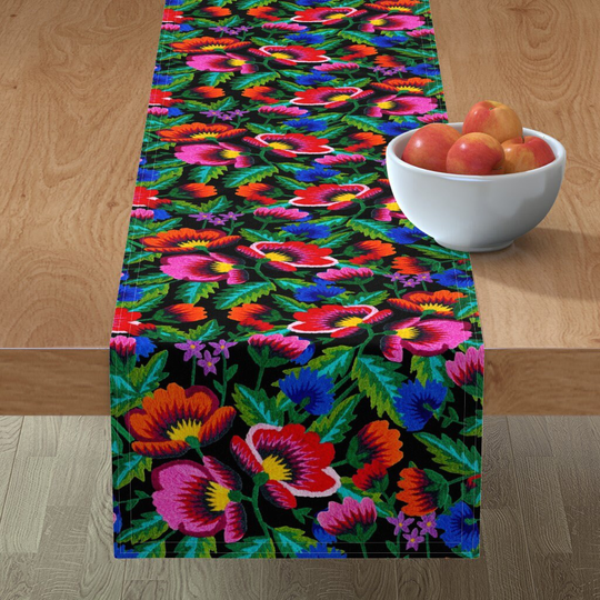 Folk Flowers Table Runner - Grandmommy Bouquet By Grand Tartaria Vintage Country Pansies 60S Cotton Sateen Spoonflower