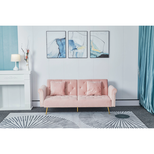 Modern Velvet Upholstered Nail Head Loveseat Sofa Convertible Futon Sofa Bed with Gold Metal Legs and Two Throw Pillows