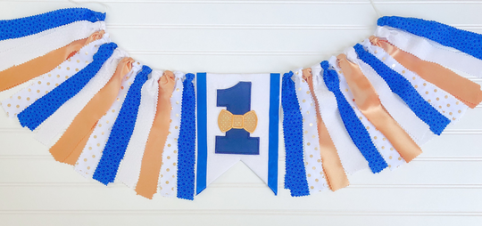 Suspender Bowtie 1st Birthday High Chair Banner, Boy Highchair Cake Smash Wall Garland, Decor, Royal Blue Gold
