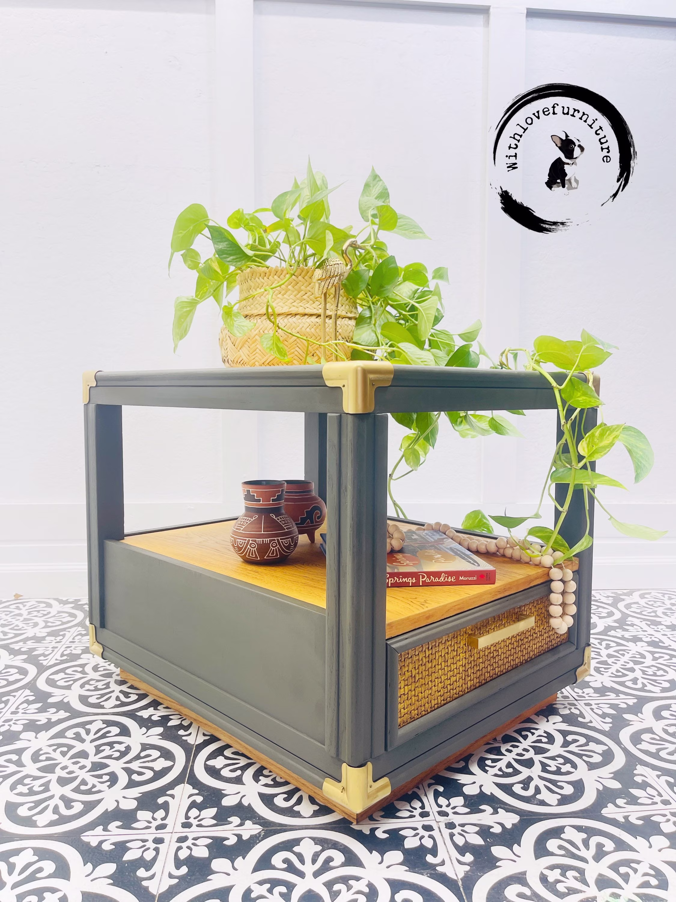 Mid Century Modern Side/ Coffee Table Hand Painted Bedroom Storage Table. Green Entryway . Boho/Eclectic Table
