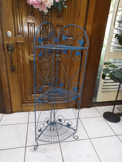 Ornate Blue Corner Foldable Wire Three Tier Shelf Boudoir Bath Bedroom Storage Garden