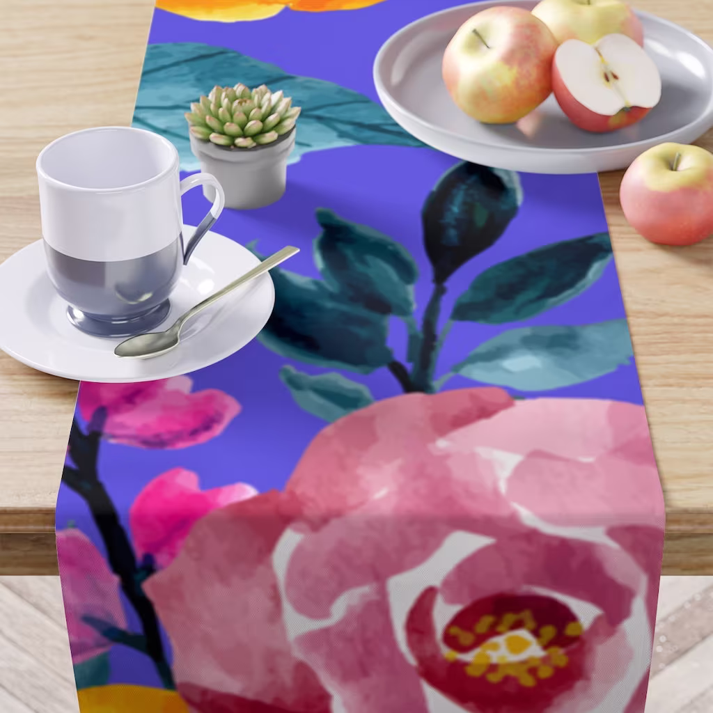 Grandmillenial Dining, Table Runner, Periwinkle Purple, Indigo Blue, Bold Floral Pink, Yellow, Watercolor Roses Granny Style Runner