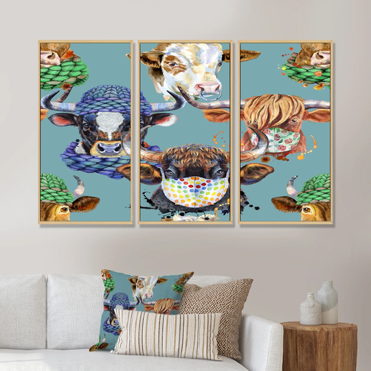 Designart 'Colorful Bulls On Blue' Patterned Framed Canvas Wall Art Set of 3 - 4 Colors of Frames