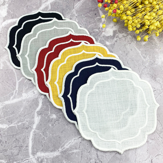 Colorful Linen Medallion Coasters, Embroidered Cocktail Napkins With Double Scalloped Edge For Dinner, Coffee Table, Home Decor, Xmas Gift