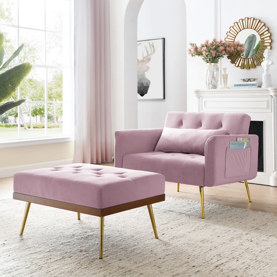 40" Recline Sofa Chair Velvet Upholstered Convertible Sofa Bed with Ottoman, Two Arm Pocket and Wood Frame Include 1 Pillow