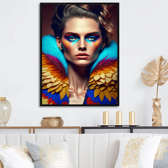 Designart 'Colorful Sensual Woman In Fur Coat VII' Contemporary Glam Framed Canvas Art Print