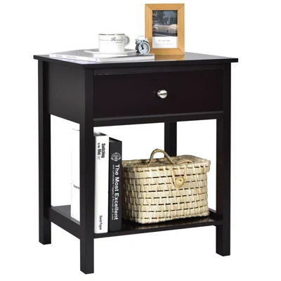 Nightstand With Drawer Storage Shelf Wooden Bedside Sofa Side Table Black