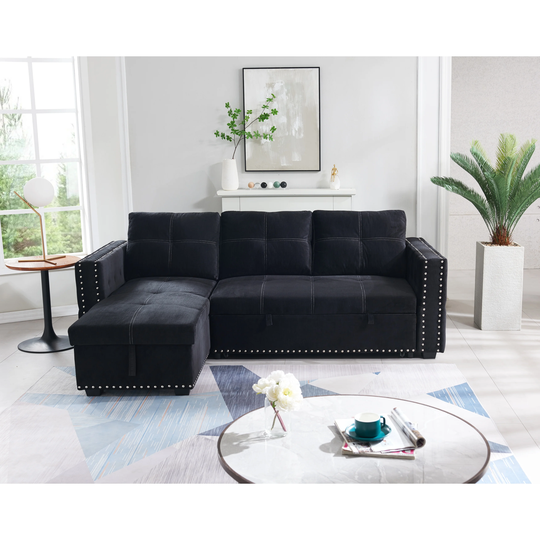 Classic Sectional sofa with Pulled Out Bed, 2 Seats Sofa and Reversible Chaise with Storage, Both Hands with Copper Nail