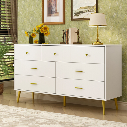 FAMAPY 55.9'' W White Dresser Chest In White and Gold 7 Drawer Storage