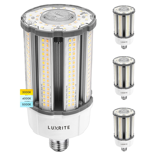 Luxrite 18W/27W/36W LED Corn Light Bulb, 150W HID Equivalent, 3 Color Selectable, Up to 5450 Lumens, E26/E27 Base 4-Pack