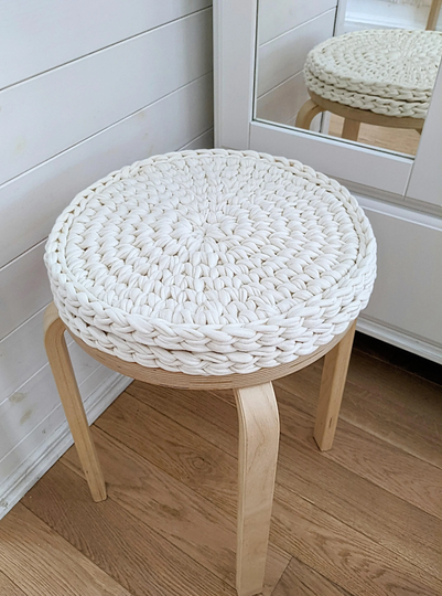 Round Chair Pads Crochet From Recycled Cotton - White Thick Soft Seat Cushions