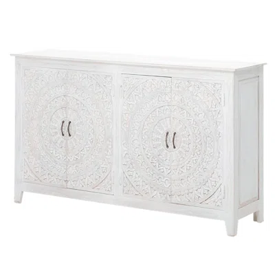68 Inch White Wash Hand Carved Mandala Lace 4 Door Sideboard Buffet Boho Chic