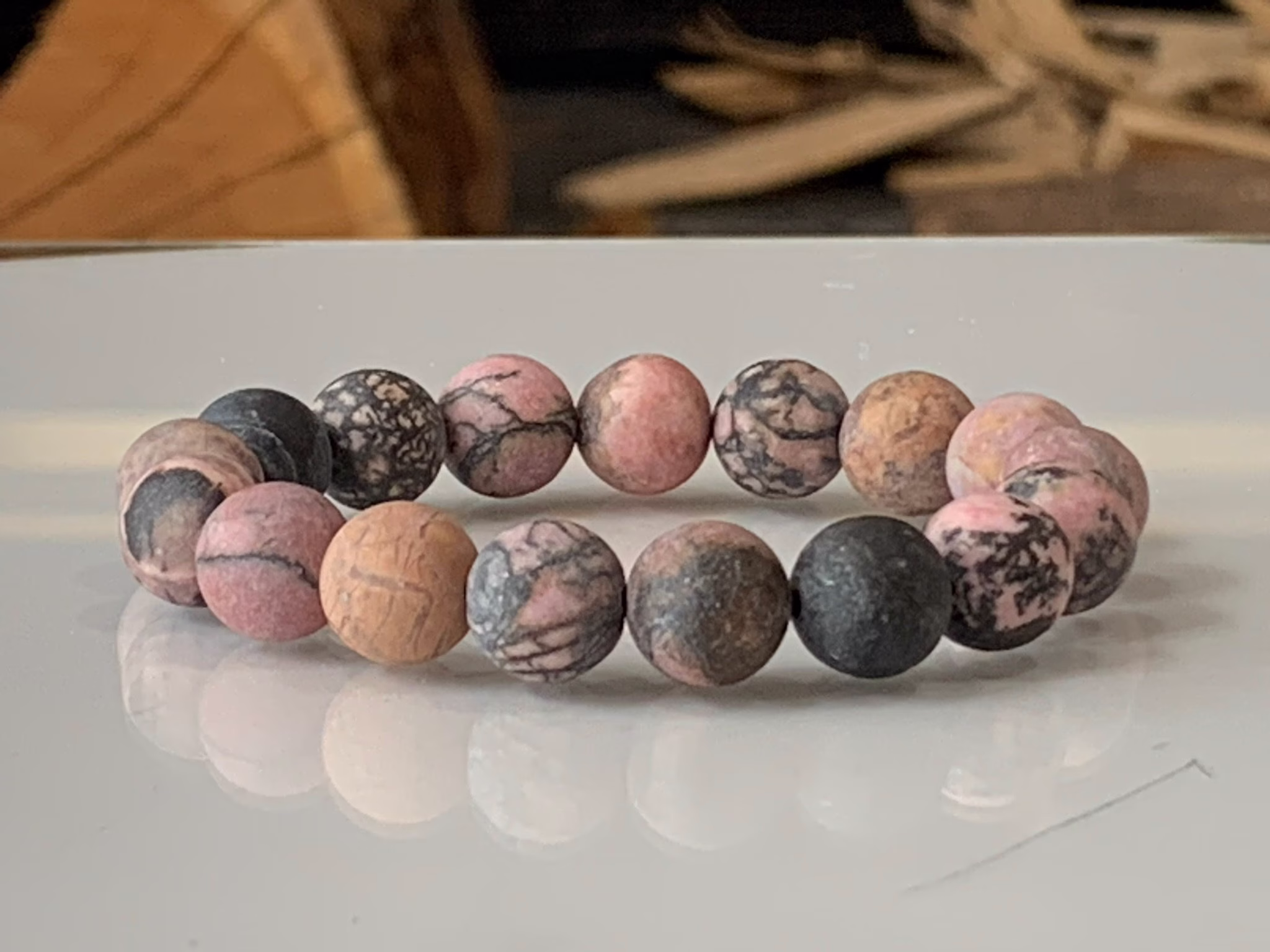 Rhodonite Bracelet, Natural Stretch Matte Beads, Gemstone Bead Bracelet
