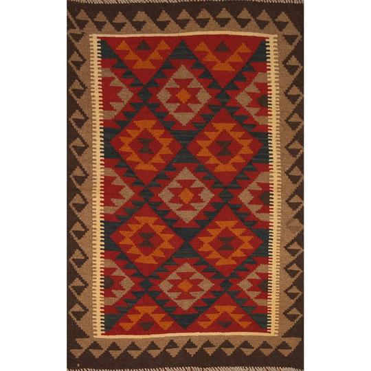 Multi-Color Kilim Rug Reversible Tribal Flat-weave Wool Carpet - 3'4" x 5'0"