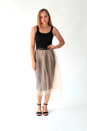 Black Leather Pencil Skirt With Beige Tulle Overlay