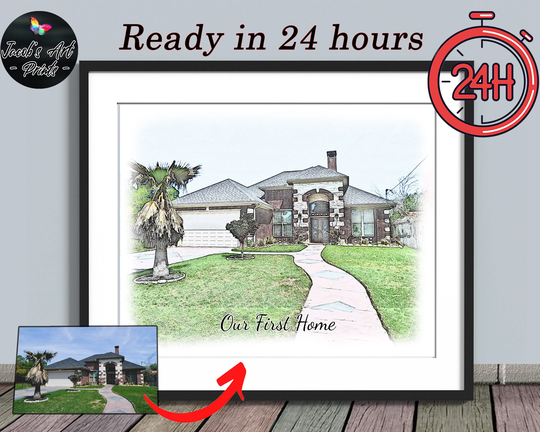 Custom Watercolor Pencil House Portrait, Realtor Closing Gift, Printable Digital File Ready in 24 Hours