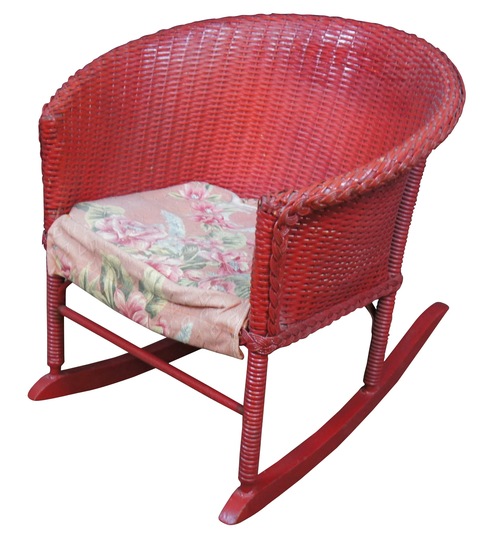 Antique Red Woven Wicker Barrel Back Child's Rocker Rocking Chair Doll 19"