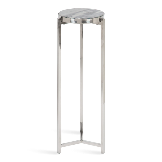 Modern Drink Table, 8 x 8 x 23, Gray and Silver, Genuine Marble Accent Table for Small Spaces