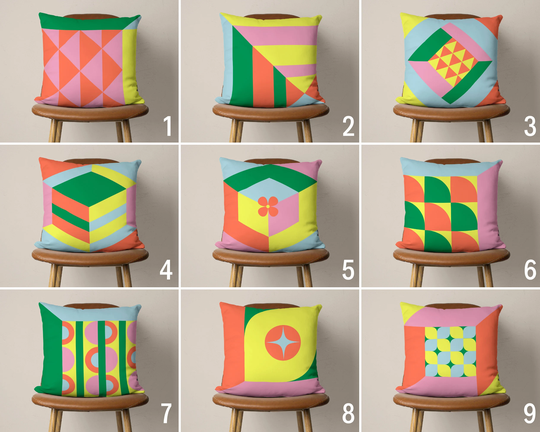 Abstract Pastel Colored Pillow Case, Geometric Cover, Colorful Retro Cushion Pink Yellow Green & Orange Decor, Gift For Her