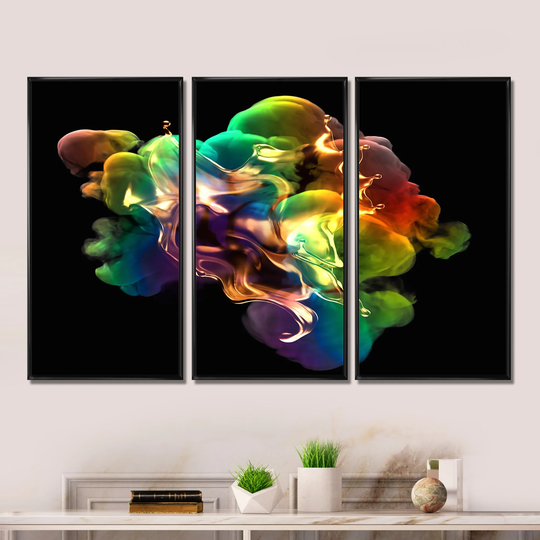 Designart 'Splash Of Gold And Smoke Rainbow Color On A Black' Modern Framed Canvas Wall Art Set of 3 - 4 Colors of Frames