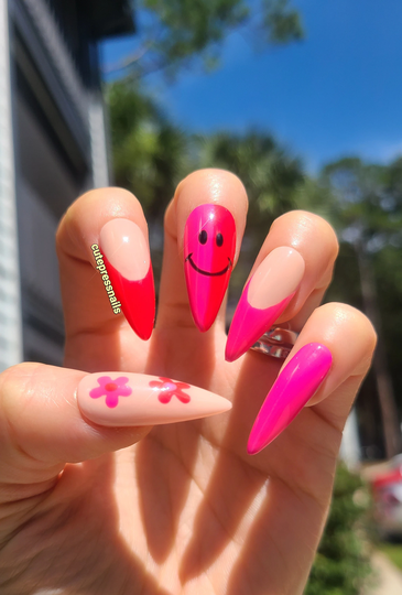 Smiley Pink Red French Flower Press On Nails