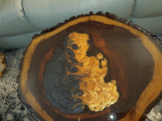 Coffee Table Epoxy Black & Copper On Rustic Walnut