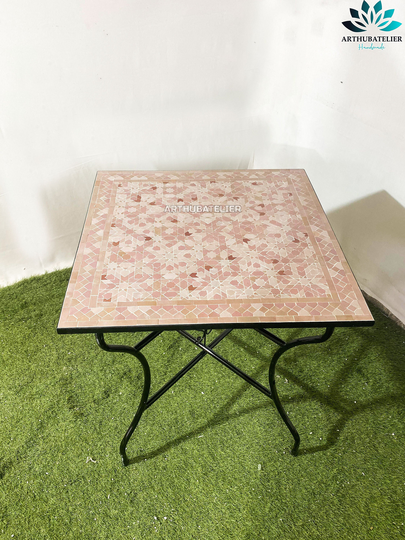 Mosaic Table Pink Square 100% Handcrafted For Indoor & Outdoor, Cutomizable Colors Pattern, Built With Mid-Century Modern Styling