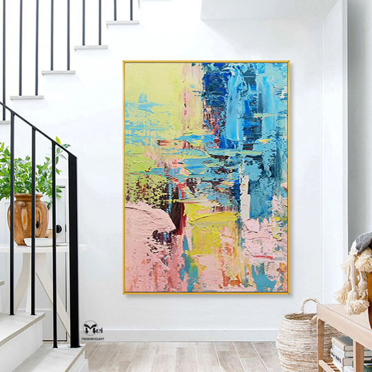 Large Canvas Painting Colorful Abstract Acrylic Pink & Blue Art Texture Wall Paintings Bright Arts