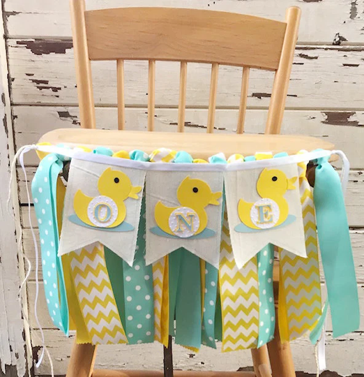 Boy Duck One High Chair Banner, Ribbon & Fabric, 1st Birthday Highchair Bunting Garland, Rubber Ducky Party Decor Decoration