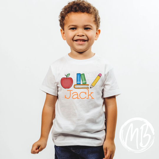 Apple Books & Pencil Trio W/Name Tee | School Toddler Baby Boy Back-To-School