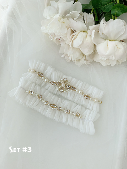 White Tulle Wedding Garter Set With Gold Crystals, Fancy Jeweled Bridal Garter, Fairytale Royal Thigh Custom Of 2 For Ceremony