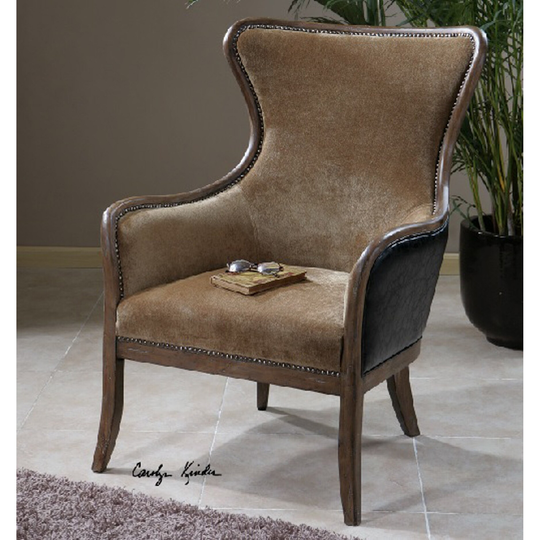 3.25' Caramel Tan Velvet Weathered Pine Wing Arm Chair